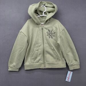Cat & Jack Fleece Hoodie Kids XS 4/5 Sage Green Spiderweb Heart Full Zip NWT